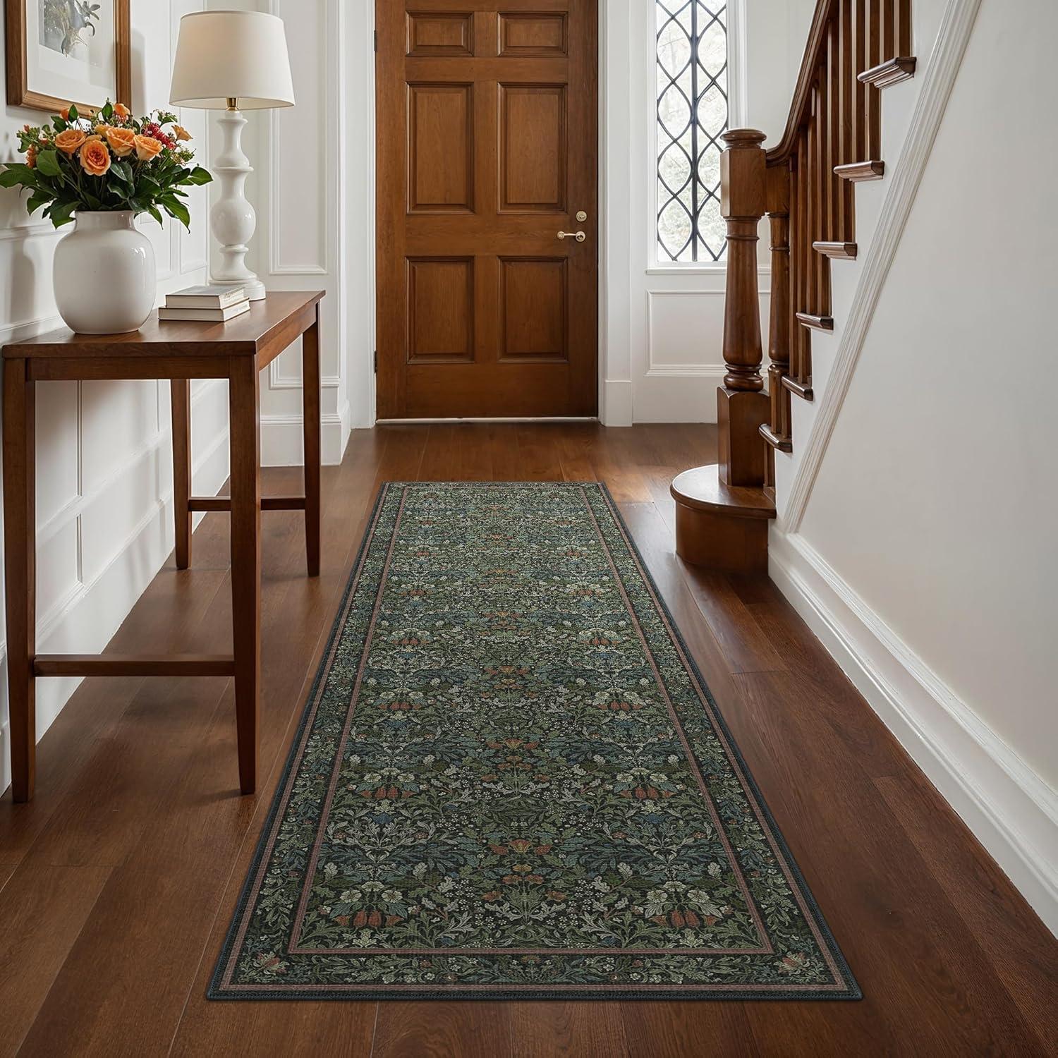 imageGENIMO 5x7 Washable Area Rug NonSlip Vintage Boho Floral Carpet Soft LowPile Thin Bedroom Rug for Living Room Dining Room Nursery Pink WhiteDark Green