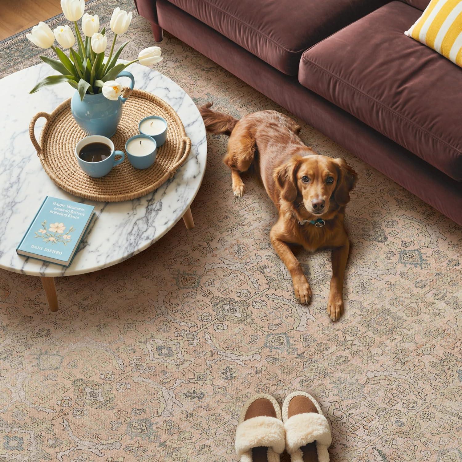 imageGENIMO 8x10 Area Rugs for Living Room Machine Washable Non Slip Vintage Rugs Low Pile Lightweight Chenille Print Rug for Bedroom Dining Room Home Office Oatmeal Beige