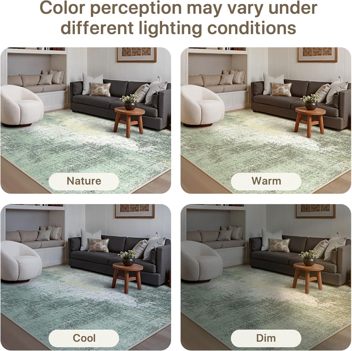 imageGENIMO Washable Area Rugs for Living Room 8x10 Modern Non Slip Rugs Low Pile Lightweight Soft Print Rug for Bedroom Dining Room Home Office Washed Cream Green