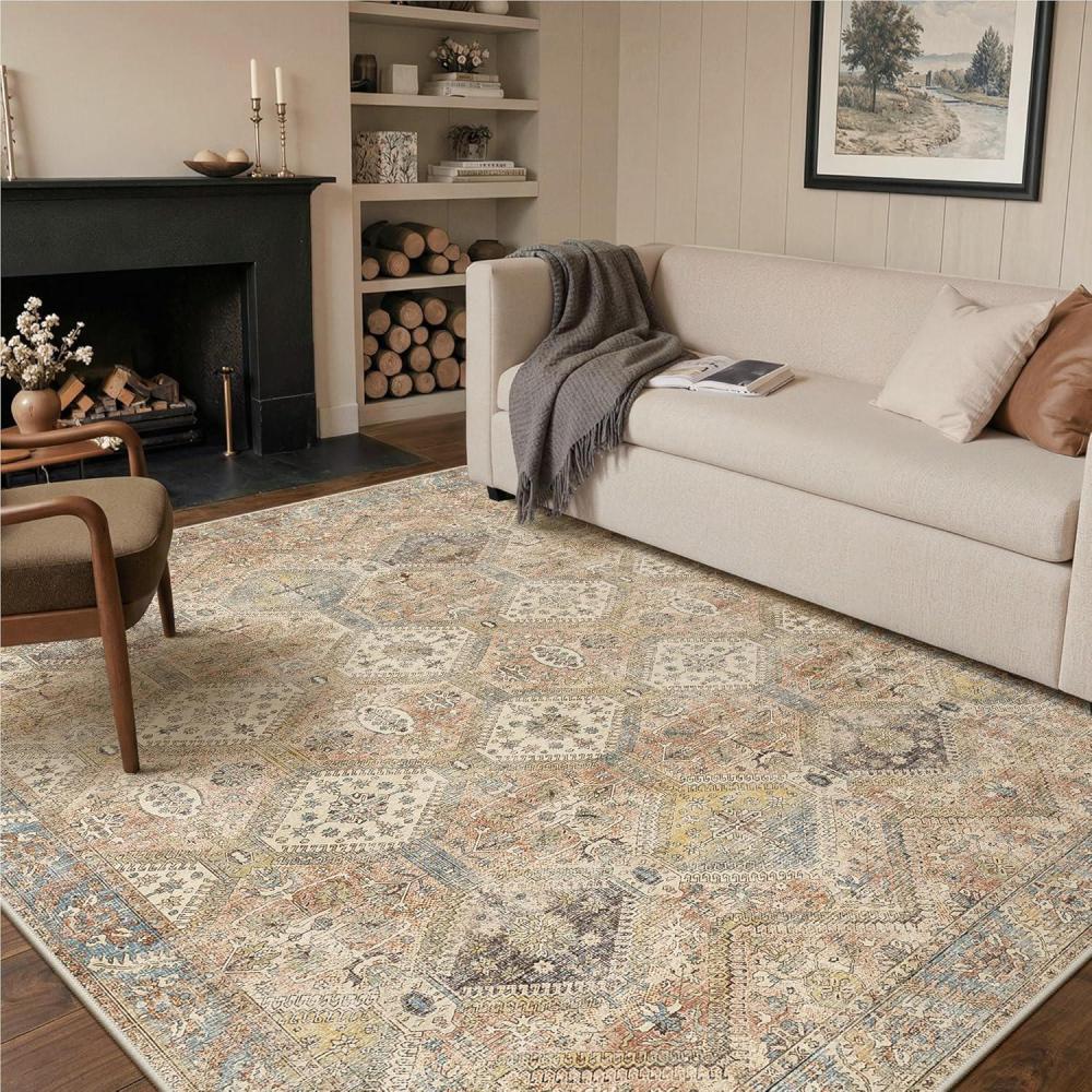 imageGENIMO 6x9Area Rugs for Living Room Machine Washable Non Slip Vintage Rugs Low Pile Lightweight Print Rug for Bedroom Dining Room Home Office Warm Brown
