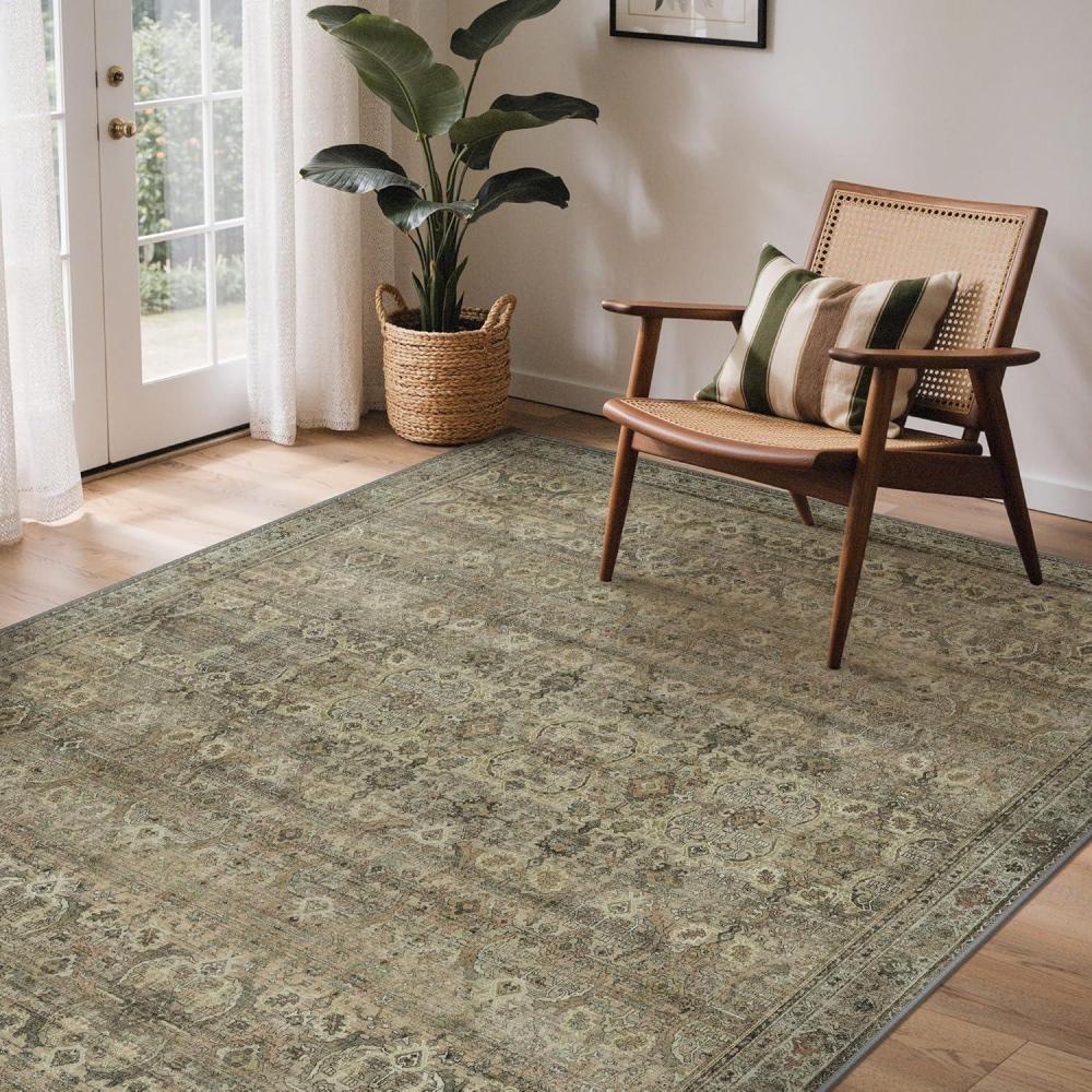 imageGENIMO 9x12 Area Rugs for Living Room Machine Washable Non Slip Vintage Rugs Low Pile Lightweight Chenille Print Rug for Bedroom Dining Room Home Office Green Khaki