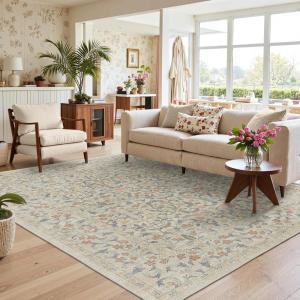 GENIMO 5×7 Washable Area Rug, Non-Slip Vintage Boho Floral Carpet, Soft Low-Pile Thin Bedroom Rug for Living Room, Dining Room, Nursery, Pink White(Beige Blue)