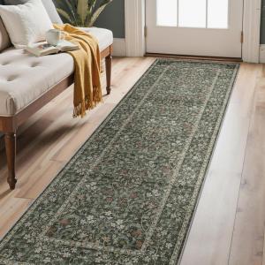 GENIMO 5×7 Washable Area Rug, Non-Slip Vintage Boho Floral Carpet, Soft Low-Pile Thin Bedroom Rug for Living Room, Dining Room, Nursery, Pink White(Black)