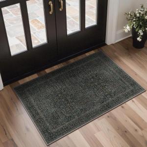 GENIMO 5×7 Washable Area Rug, Non-Slip Vintage Boho Floral Carpet, Soft Low-Pile Thin Bedroom Rug for Living Room, Dining Room, Nursery, Pink White(Charcoal Green)