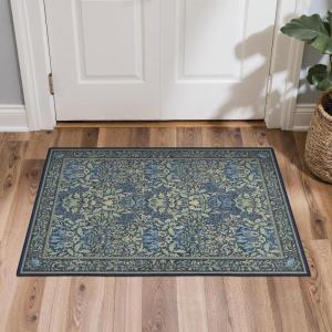 GENIMO 5×7 Washable Area Rug, Non-Slip Vintage Boho Floral Carpet, Soft Low-Pile Thin Bedroom Rug for Living Room, Dining Room, Nursery, Pink White(Dark Blue)