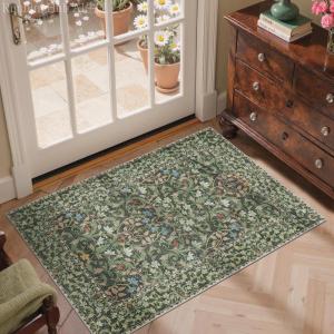 GENIMO 5×7 Washable Area Rug, Non-Slip Vintage Boho Floral Carpet, Soft Low-Pile Thin Bedroom Rug for Living Room, Dining Room, Nursery, Pink White(Emerald Green)