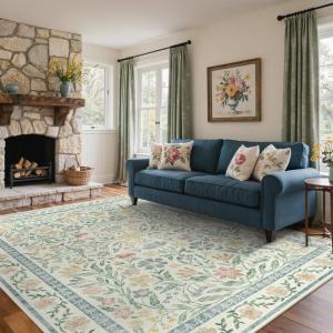 GENIMO 5×7 Washable Area Rug, Non-Slip Vintage Boho Floral Carpet, Soft Low-Pile Thin Bedroom Rug for Living Room, Dining Room, Nursery, Pink White(Green)