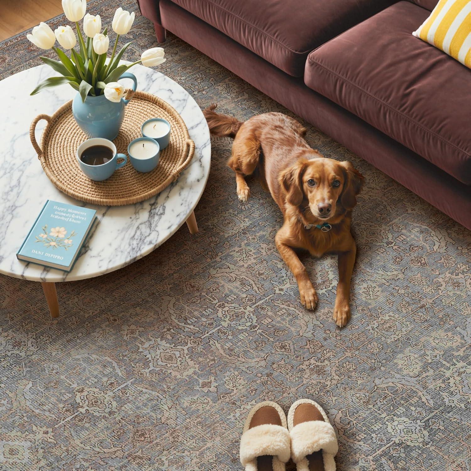 imageGENIMO 6x9 Area Rugs for Living Room Machine Washable Non Slip Vintage Rugs Low Pile Lightweight Chenille Print Rug for Bedroom Dining Room Home Office Grayish Blue