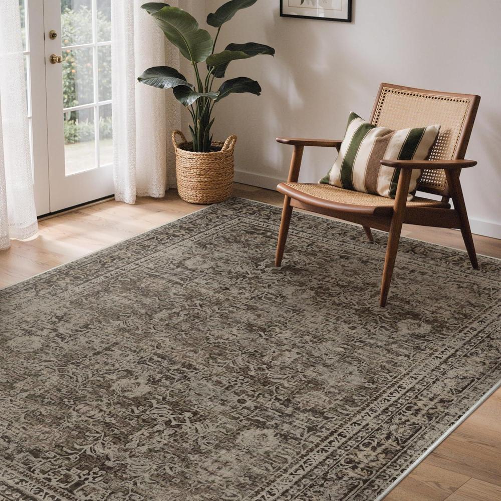 imageGENIMO 8x10 Area Rug Machine Washable Boho Rug for Living RoomUltraThin Low Pile CarpetLightweight Indoor Printed RugNon Slip Floral Area Rug for Bedroom Dining Room Home OfficeBrownish Green
