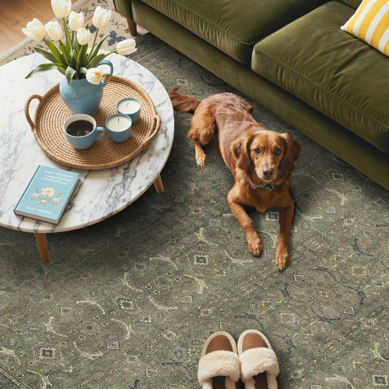 imageGENIMO 6x9 Area Rugs for Living Room Machine Washable Non Slip Vintage Rugs Low Pile Lightweight Chenille Print Rug for Bedroom Dining Room Home Office Muted Green