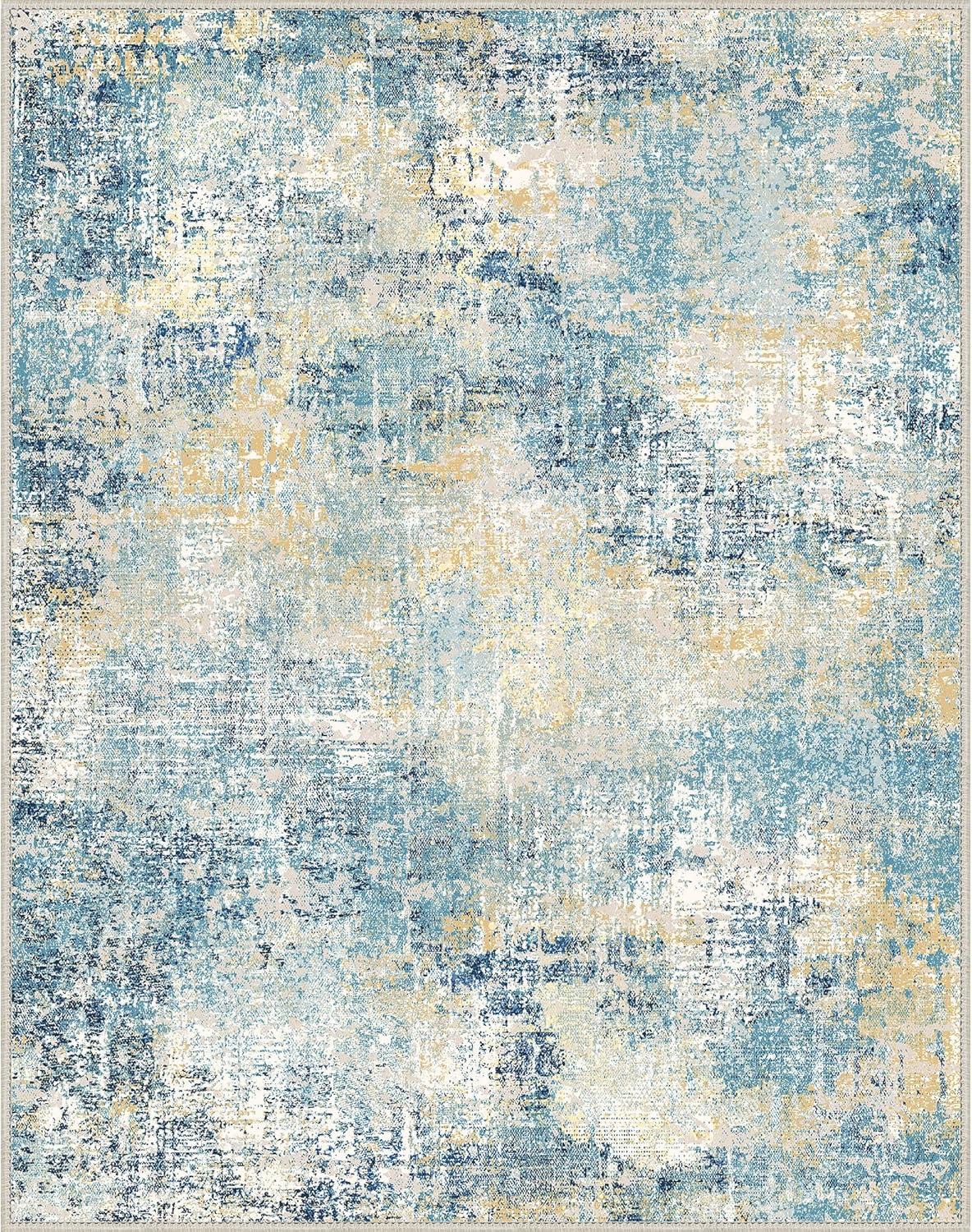 imageGENIMO Washable Area Rugs for Living Room 8x10 Modern Non Slip Rugs Low Pile Lightweight Soft Print Rug for Bedroom Dining Room Home Office Washed Orange Blue