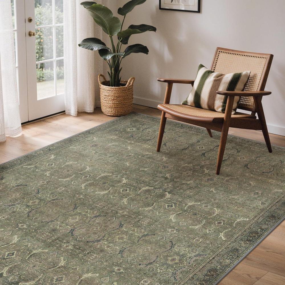imageGENIMO 6x9 Area Rugs for Living Room Machine Washable Non Slip Vintage Rugs Low Pile Lightweight Chenille Print Rug for Bedroom Dining Room Home Office Muted Green