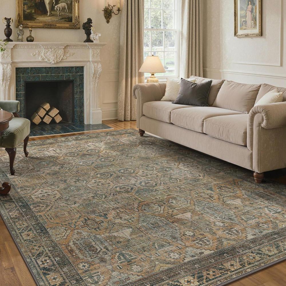 imageGENIMO 8x10 Area Rugs for Living Room Machine Washable Non Slip Vintage Rugs Low Pile Lightweight Chenille Print Rug for Bedroom Dining Room Home Office WarmTaupe
