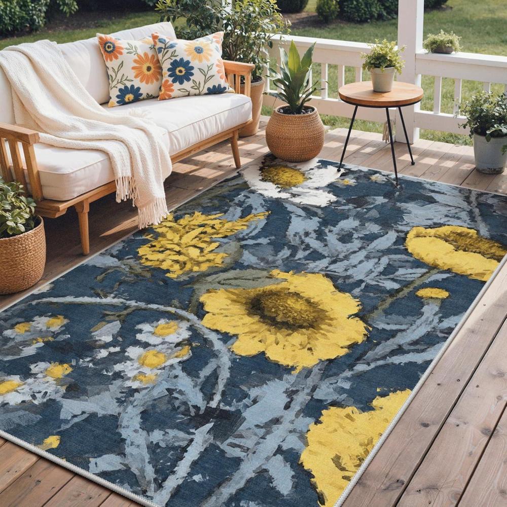 imageGENIMO Indoor Outdoor Area Rug 8x10 Machine Washable Rugs for Patio Waterproof NonSlip Easy Cleaning Floral Outdoor Mat Carpet for Living Room Bedroom RV Balcony Deck Camping ColorfulYellow Blue