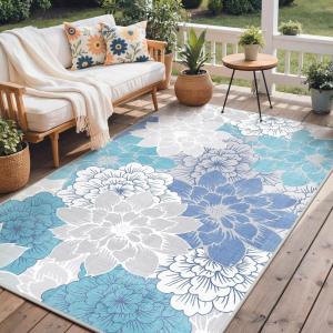 GENIMO Indoor Outdoor Area Rug 8’x10′, Machine Washable Rugs for Patio, Waterproof, Non-Slip Easy Cleaning Floral Outdoor Mat Carpet for Living Room, Bedroom, RV, Balcony, Deck, Camping, Colorful(Light Blue)