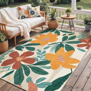 GENIMO Indoor Outdoor Area Rug 8’x10′, Machine Washable Rugs for Patio, Waterproof, Non-Slip Easy Cleaning Floral Outdoor Mat Carpet for Living Room, Bedroom, RV, Balcony, Deck, Camping, Colorful(Sage Orange)