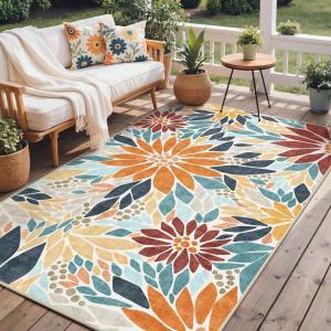 GENIMO Indoor Outdoor Area Rug 8’x10′, Machine Washable Rugs for Patio, Waterproof, Non-Slip Easy Cleaning Floral Outdoor Mat Carpet for Living Room, Bedroom, RV, Balcony, Deck, Camping, Colorful(Rustic Orange)
