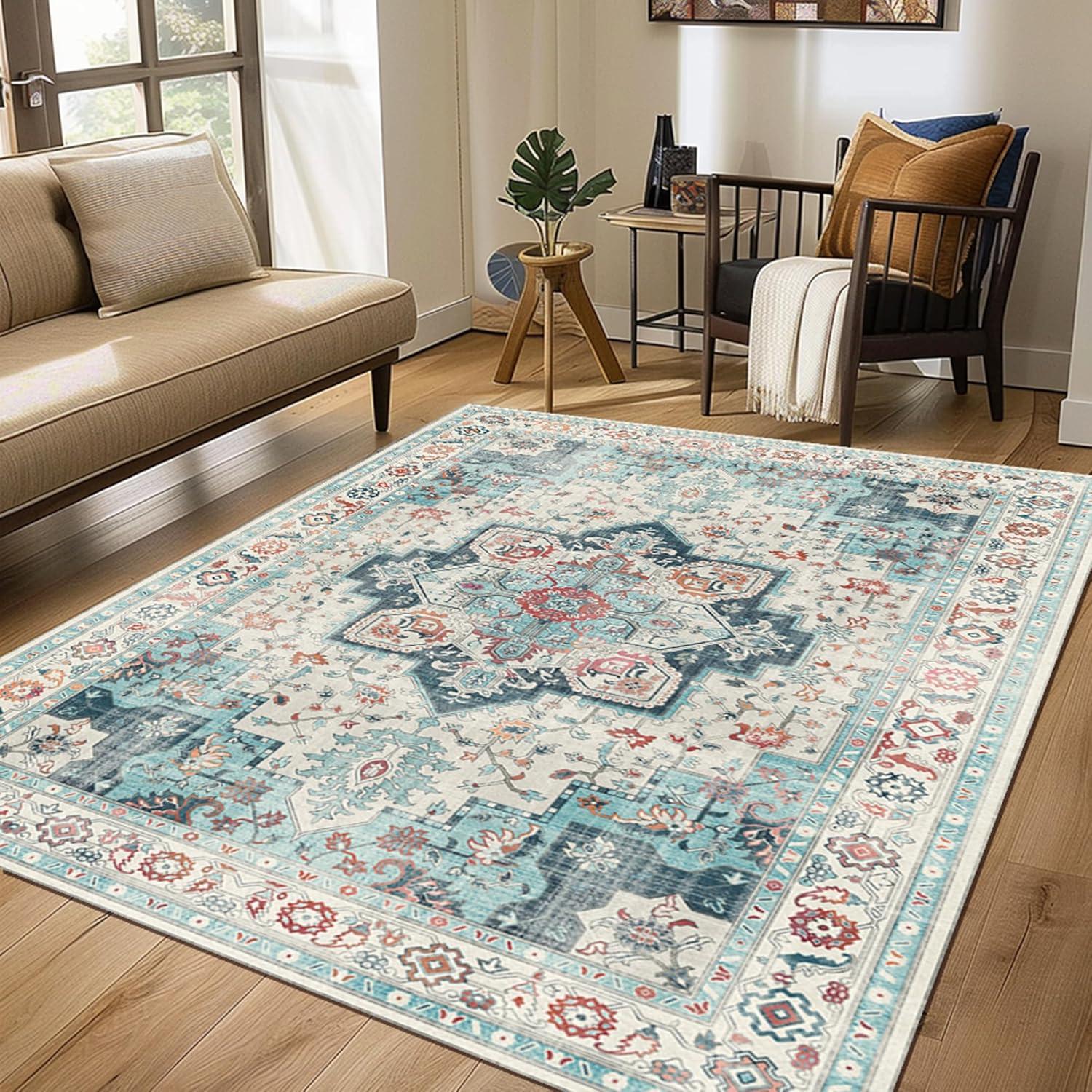 imageGENIMO 8x10 Area Rugs for Living Room Machine Washable Non Slip Rugs Low Pile Lightweight Vintage Print Rug for Bedroom Dining Room Home Office CyanWhite