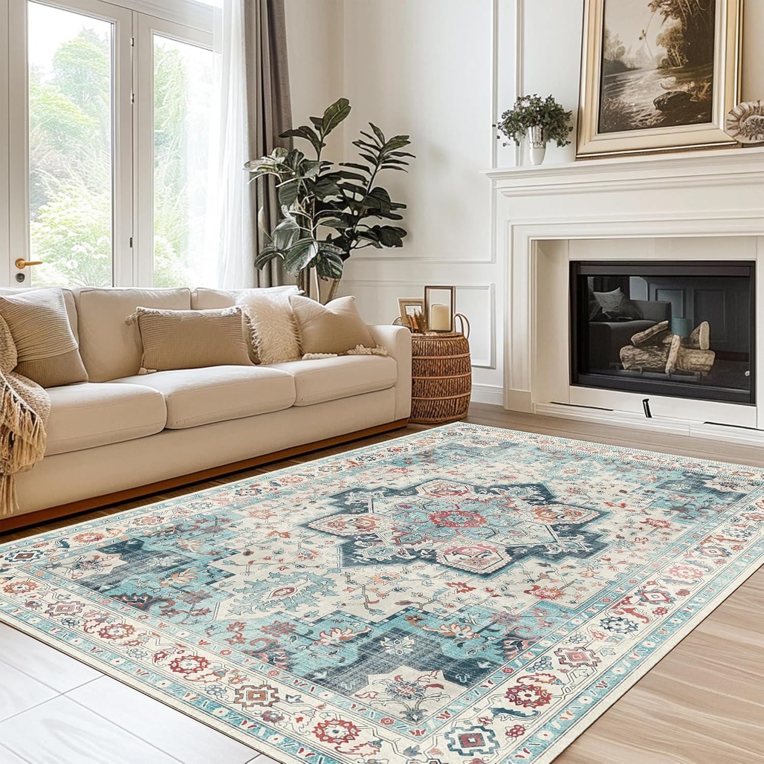 imageGENIMO 8x10 Area Rugs for Living Room Machine Washable Non Slip Rugs Low Pile Lightweight Vintage Print Rug for Bedroom Dining Room Home Office CyanWhite