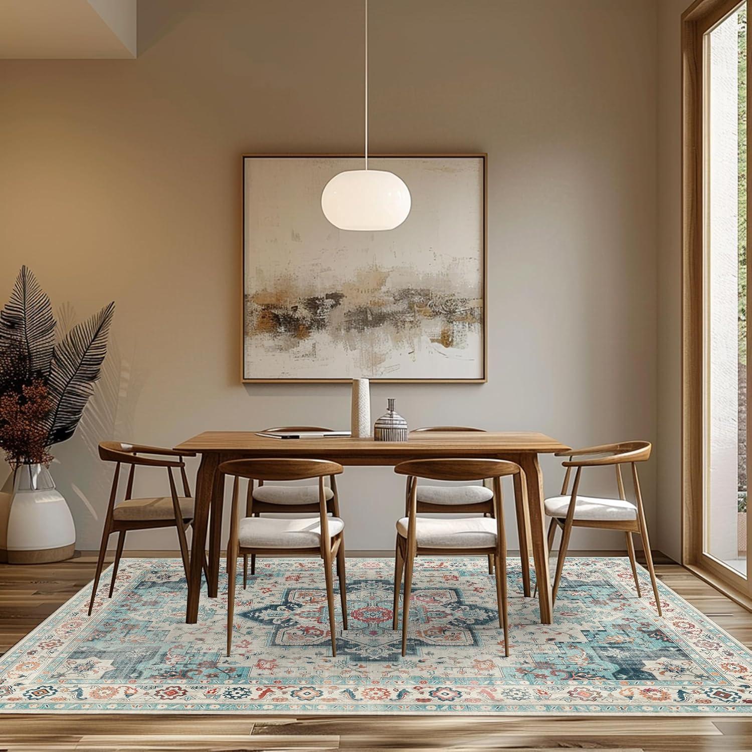 imageGENIMO 8x10 Area Rugs for Living Room Machine Washable Non Slip Rugs Low Pile Lightweight Vintage Print Rug for Bedroom Dining Room Home Office CyanWhite