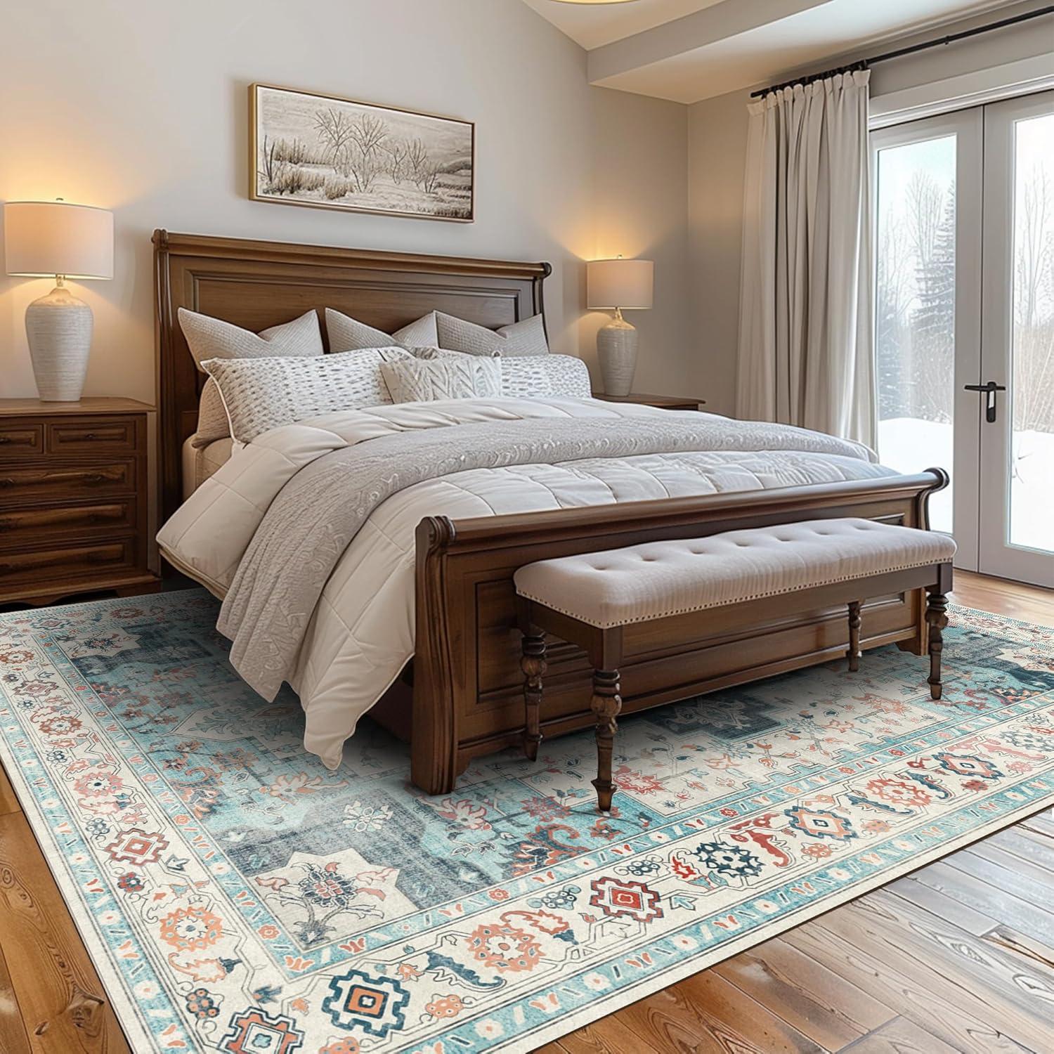 imageGENIMO 8x10 Area Rugs for Living Room Machine Washable Non Slip Rugs Low Pile Lightweight Vintage Print Rug for Bedroom Dining Room Home Office CyanWhite