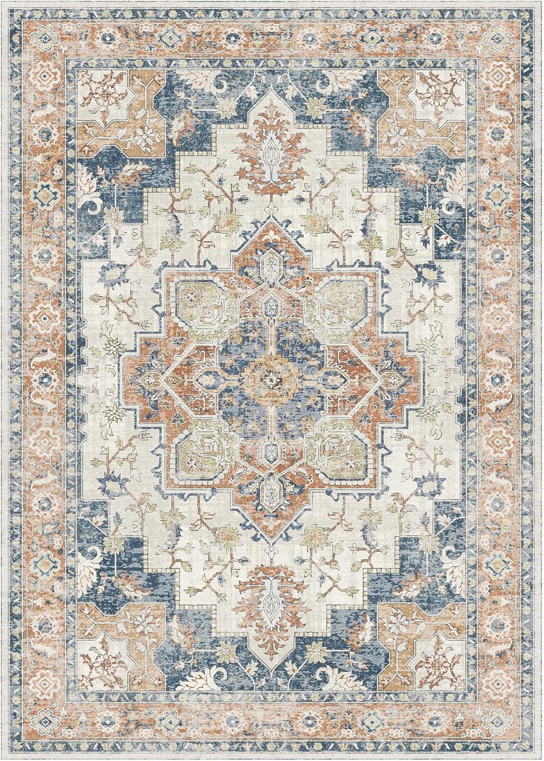 imageGENIMO 8x10 Area Rugs for Living Room Machine Washable Non Slip Vintage Rugs Low Pile Lightweight Chenille Print Rug for Bedroom Dining Room Home Office Reddish Blue