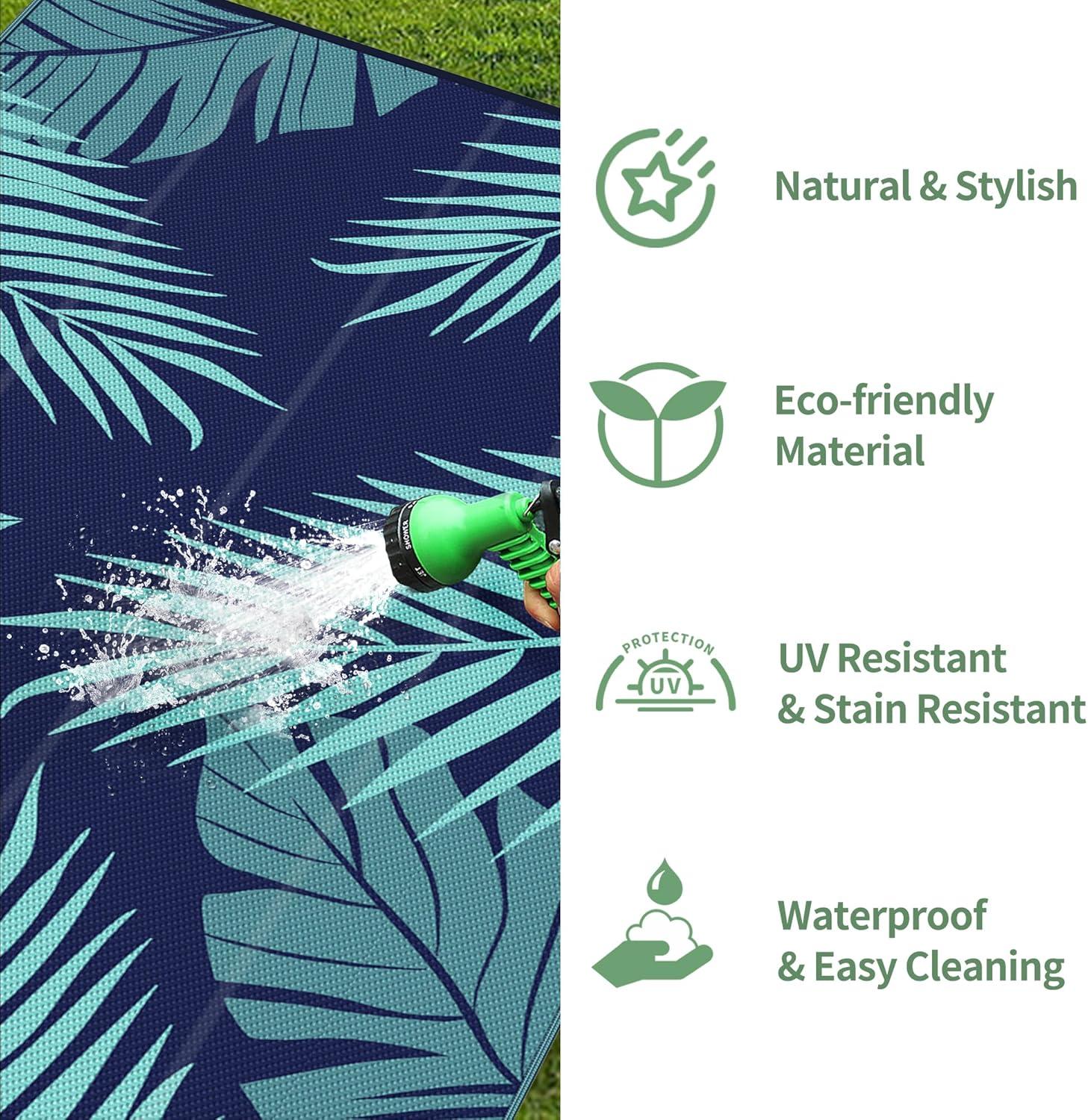 imageGENIMO Outdoor Rug 25 x 8 Waterproof for Patios Clearance Reversible Outdoor Plastic Straw Camping Rug Carpet Large Area Rugs Mats for RV Camper Deck Balcony Porch Beach BlackampBeigeNavy Blue Jade Green Waterproof