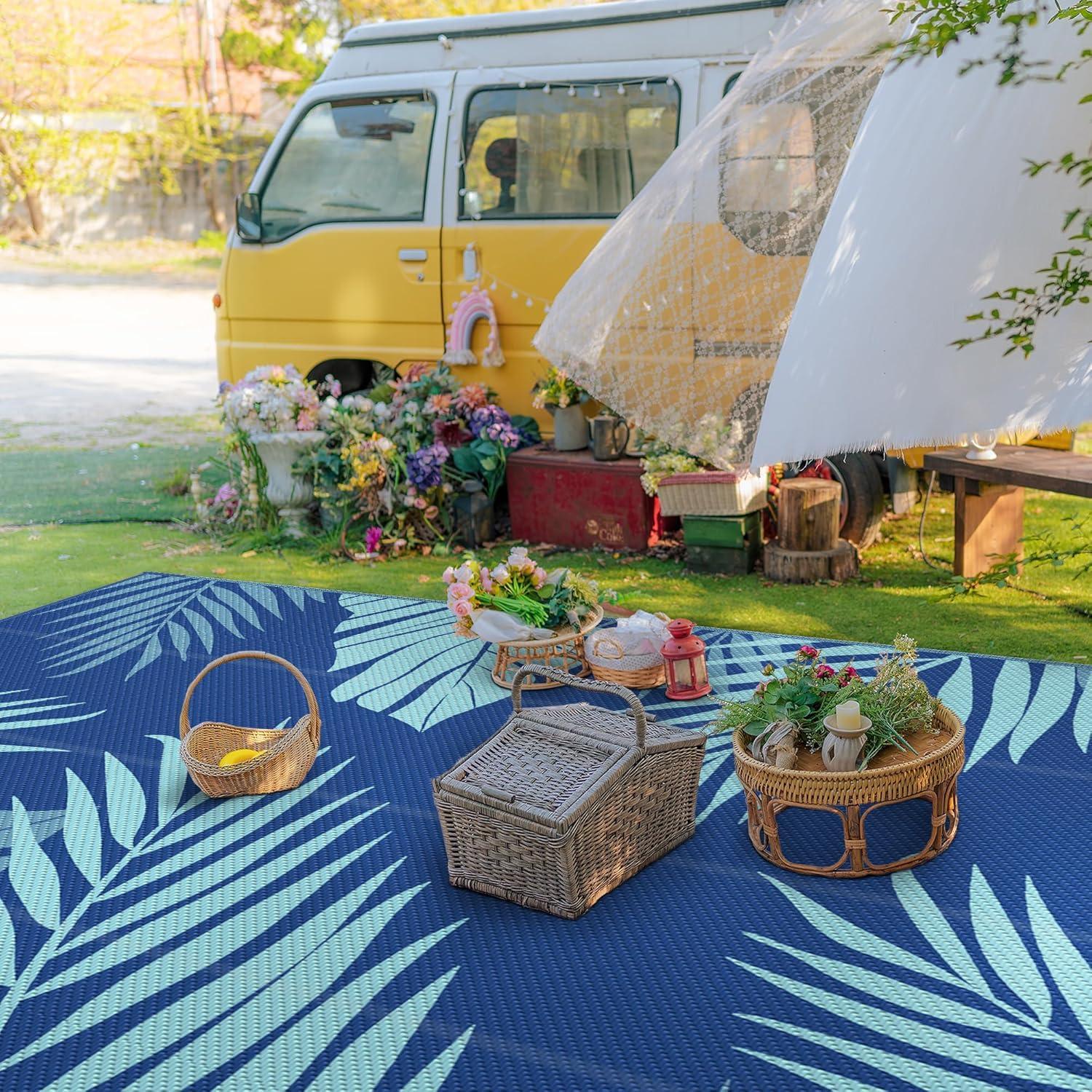 imageGENIMO Outdoor Rug 25 x 8 Waterproof for Patios Clearance Reversible Outdoor Plastic Straw Camping Rug Carpet Large Area Rugs Mats for RV Camper Deck Balcony Porch Beach BlackampBeigeRoyal Blue Blue Green Waterproof