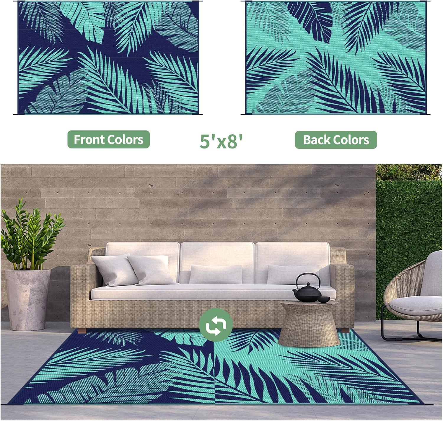 imageGENIMO Outdoor Rug 25 x 8 Waterproof for Patios Clearance Reversible Outdoor Plastic Straw Camping Rug Carpet Large Area Rugs Mats for RV Camper Deck Balcony Porch Beach BlackampBeigeNavy Blue Jade Green Waterproof
