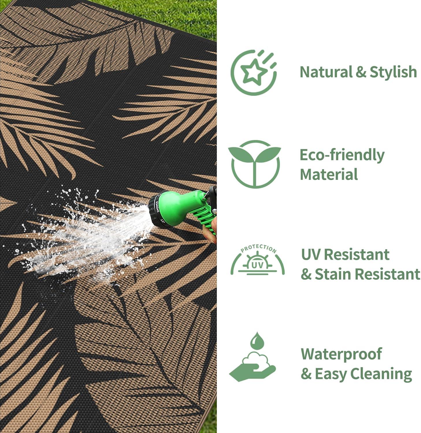 imageGENIMO Outdoor Rug 25 x 8 Waterproof for Patios Clearance Reversible Outdoor Plastic Straw Camping Rug Carpet Large Area Rugs Mats for RV Camper Deck Balcony Porch Beach BlackampBeigeBlack Brown Waterproof