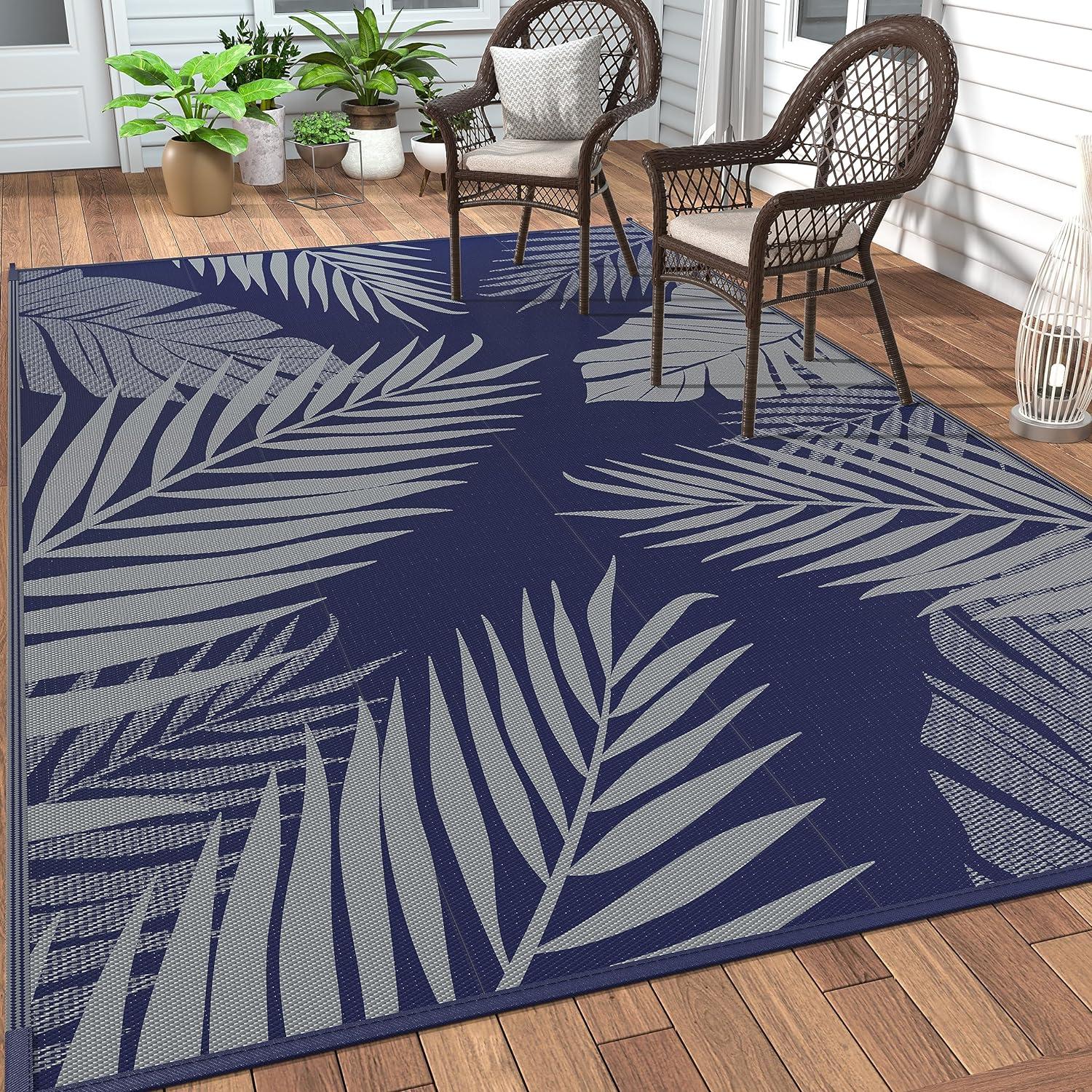 imageGENIMO Outdoor Rug 25 x 8 Waterproof for Patios Clearance Reversible Outdoor Plastic Straw Camping Rug Carpet Large Area Rugs Mats for RV Camper Deck Balcony Porch Beach BlackampBeigeNavy Blue Grey Waterproof