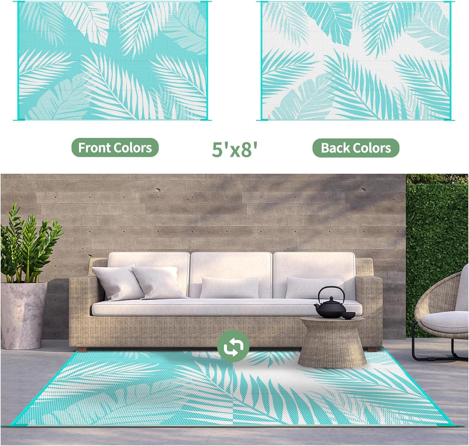 imageGENIMO Outdoor Rug 25 x 8 Waterproof for Patios Clearance Reversible Outdoor Plastic Straw Camping Rug Carpet Large Area Rugs Mats for RV Camper Deck Balcony Porch Beach BlackampBeigeAqua Blue White Waterproof