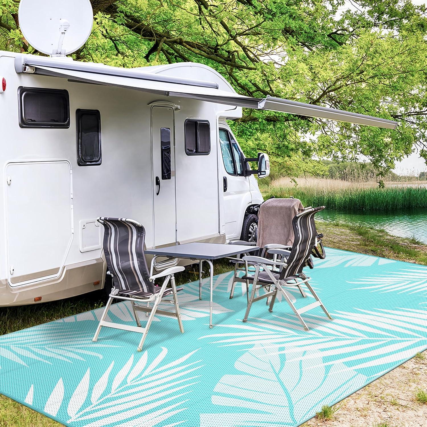 imageGENIMO Outdoor Rug 25 x 8 Waterproof for Patios Clearance Reversible Outdoor Plastic Straw Camping Rug Carpet Large Area Rugs Mats for RV Camper Deck Balcony Porch Beach BlackampBeigeAqua Blue White Waterproof