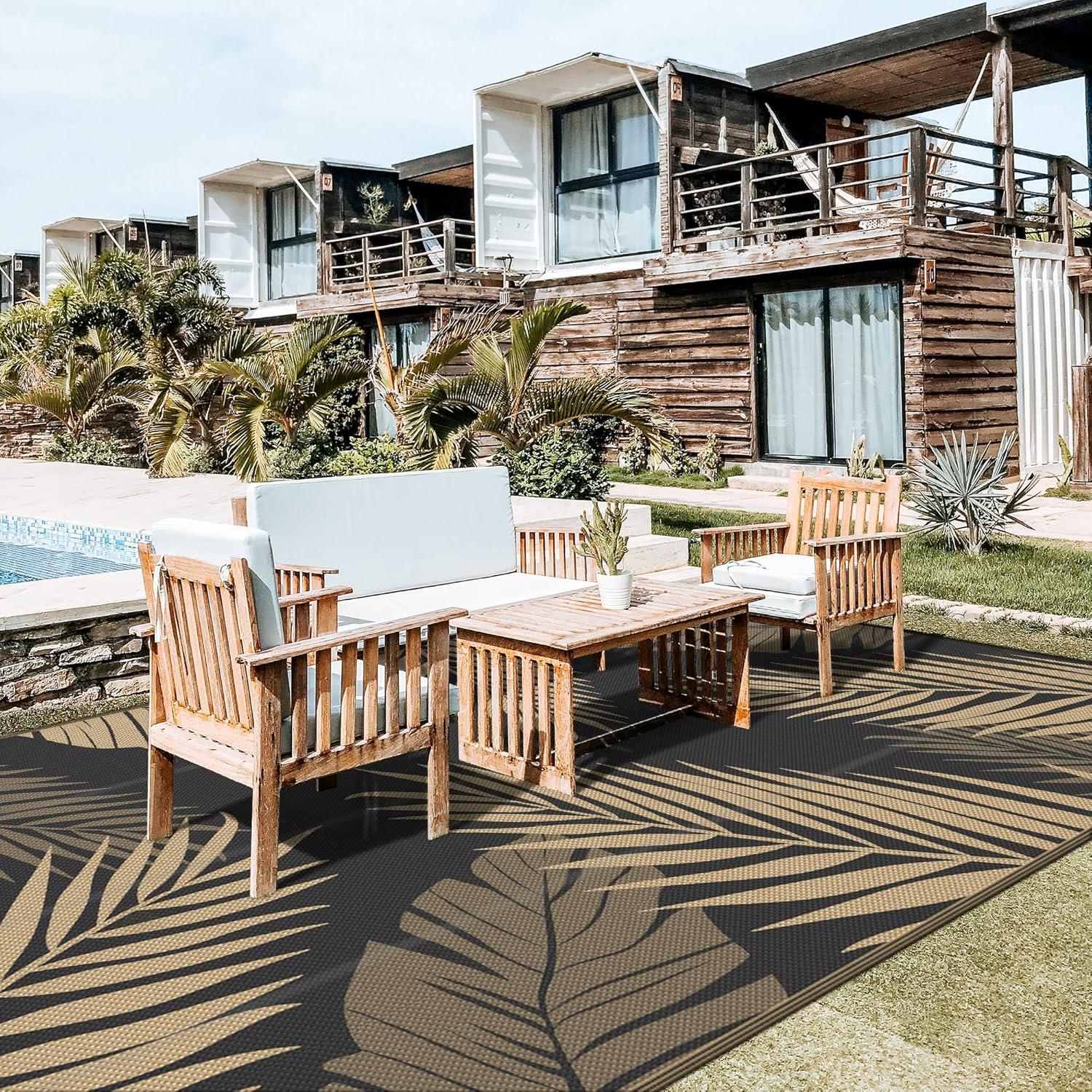 imageGENIMO Outdoor Rug 25 x 8 Waterproof for Patios Clearance Reversible Outdoor Plastic Straw Camping Rug Carpet Large Area Rugs Mats for RV Camper Deck Balcony Porch Beach BlackampBeigeBlack Brown Waterproof