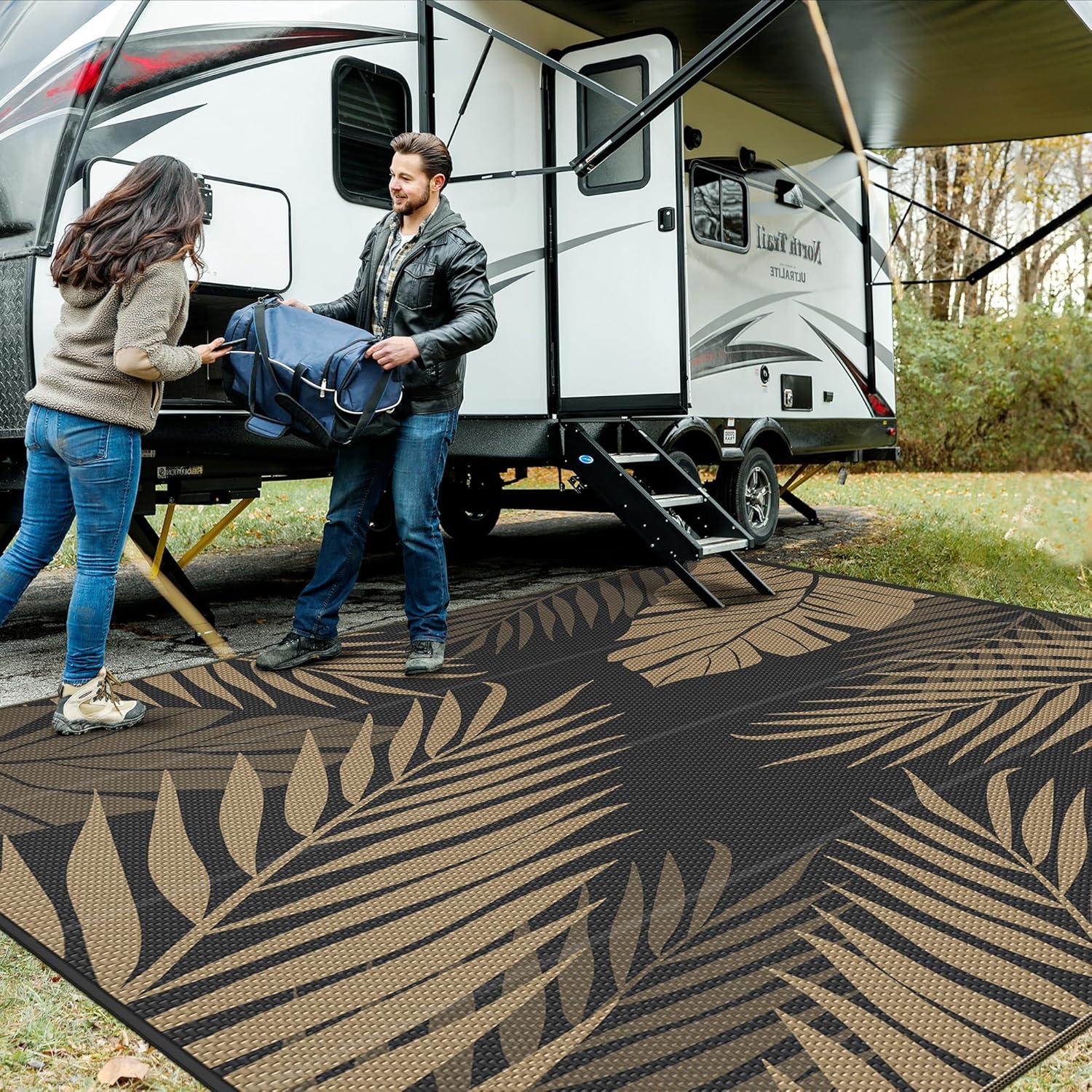 imageGENIMO Outdoor Rug 25 x 8 Waterproof for Patios Clearance Reversible Outdoor Plastic Straw Camping Rug Carpet Large Area Rugs Mats for RV Camper Deck Balcony Porch Beach BlackampBeigeBlack Brown Waterproof