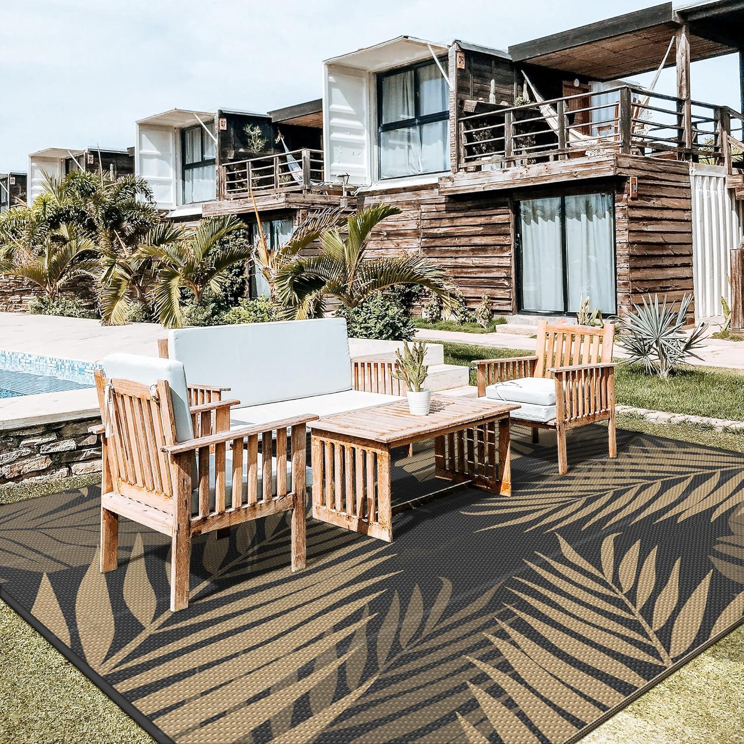 imageGENIMO Outdoor Rug 25 x 8 Waterproof for Patios Clearance Reversible Outdoor Plastic Straw Camping Rug Carpet Large Area Rugs Mats for RV Camper Deck Balcony Porch Beach BlackampBeigeBlack Brown Waterproof