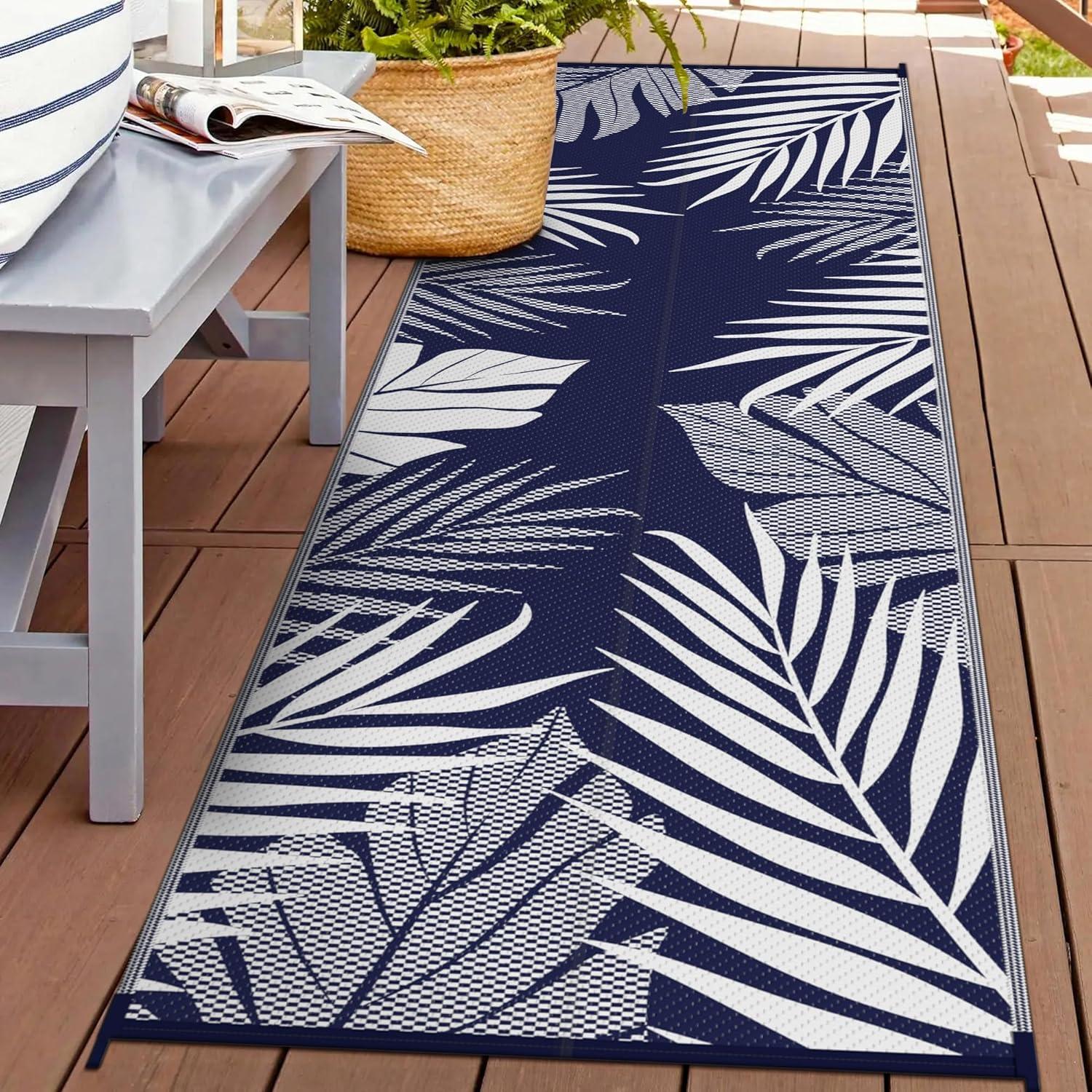 imageGENIMO Outdoor Rug 25 x 8 Waterproof for Patios Clearance Reversible Outdoor Plastic Straw Camping Rug Carpet Large Area Rugs Mats for RV Camper Deck Balcony Porch Beach BlackampBeigeNavy Blue White Waterproof