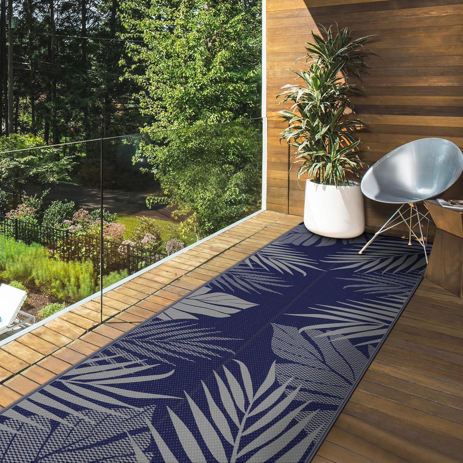 imageGENIMO Outdoor Rug 25 x 8 Waterproof for Patios Clearance Reversible Outdoor Plastic Straw Camping Rug Carpet Large Area Rugs Mats for RV Camper Deck Balcony Porch Beach BlackampBeigeNavy Blue Grey Waterproof