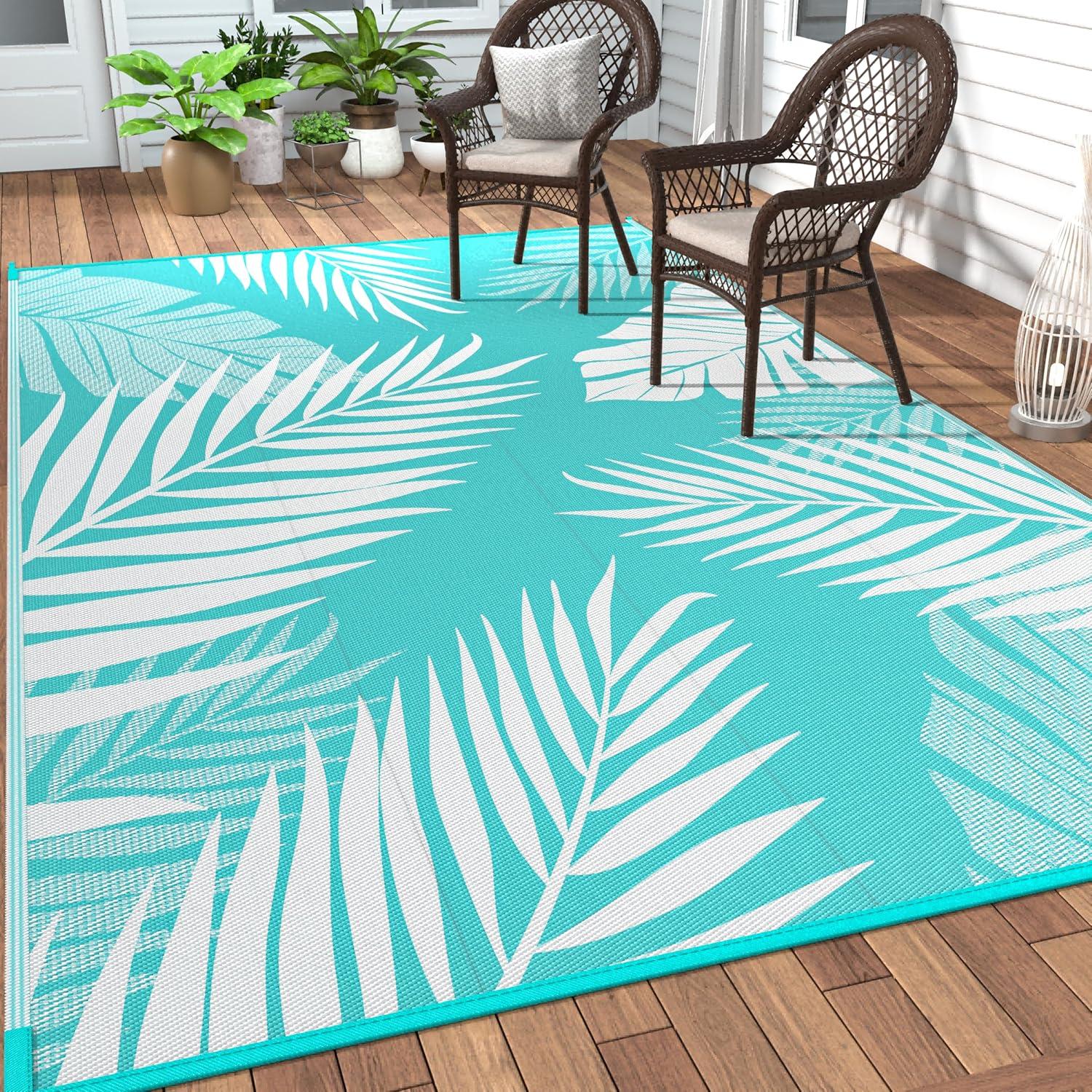 imageGENIMO Outdoor Rug 25 x 8 Waterproof for Patios Clearance Reversible Outdoor Plastic Straw Camping Rug Carpet Large Area Rugs Mats for RV Camper Deck Balcony Porch Beach BlackampBeigeAqua Blue White Waterproof
