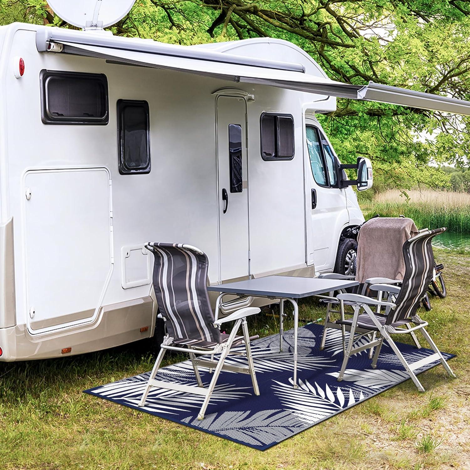imageGENIMO Outdoor Rug 25 x 8 Waterproof for Patios Clearance Reversible Outdoor Plastic Straw Camping Rug Carpet Large Area Rugs Mats for RV Camper Deck Balcony Porch Beach BlackampBeigeNavy Blue White Waterproof