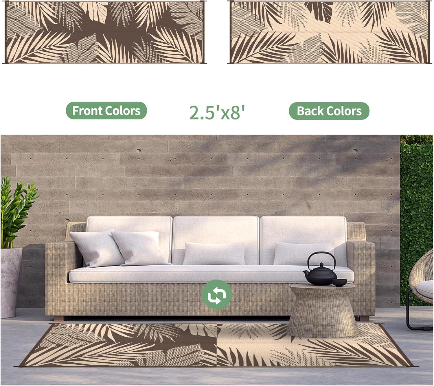 imageGENIMO Outdoor Rug 25 x 8 Waterproof for Patios Clearance Reversible Outdoor Plastic Straw Camping Rug Carpet Large Area Rugs Mats for RV Camper Deck Balcony Porch Beach BlackampBeigeCoffee Beige Waterproof