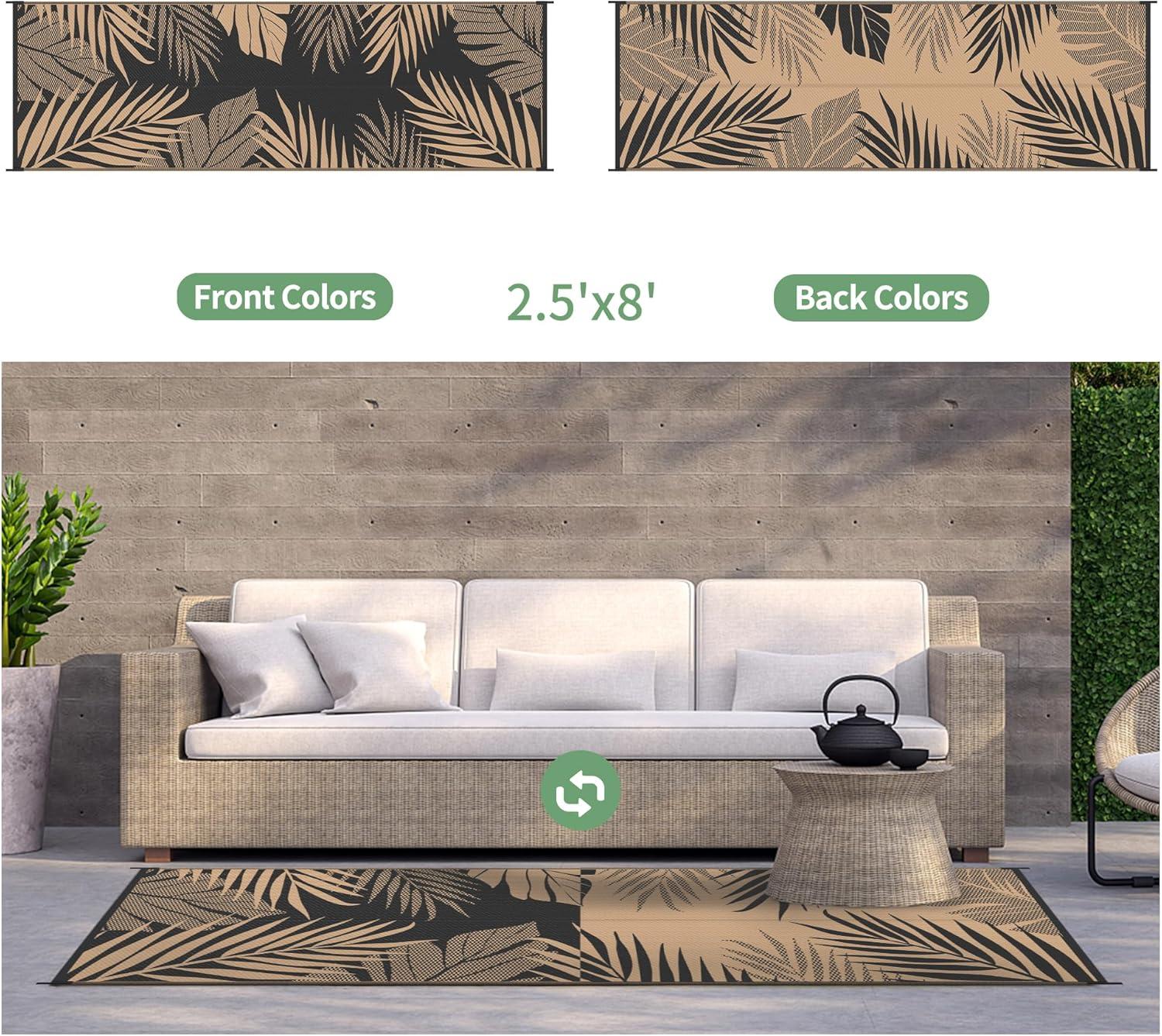 imageGENIMO Outdoor Rug 25 x 8 Waterproof for Patios Clearance Reversible Outdoor Plastic Straw Camping Rug Carpet Large Area Rugs Mats for RV Camper Deck Balcony Porch Beach BlackampBeigeBlack Brown Waterproof