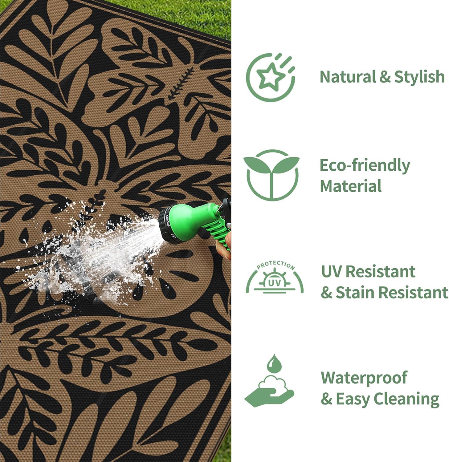 imageGENIMO Outdoor Rug 25 x 8 Waterproof for Patios Clearance Reversible Outdoor Plastic Straw Camping Rug Carpet Large Area Rugs Mats for RV Camper Deck Balcony Porch Beach BlackampBeigeHblack Brown