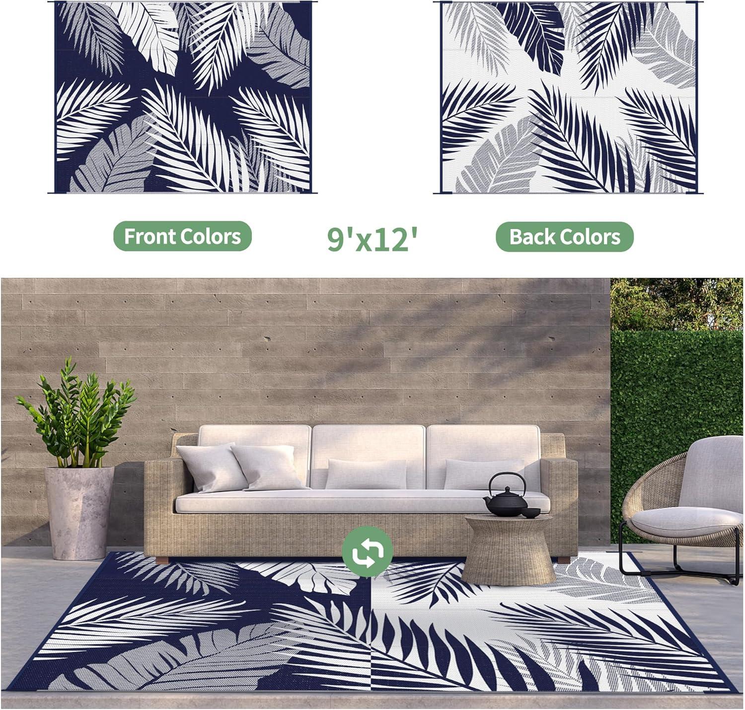 imageGENIMO Outdoor Rug 25 x 8 Waterproof for Patios Clearance Reversible Outdoor Plastic Straw Camping Rug Carpet Large Area Rugs Mats for RV Camper Deck Balcony Porch Beach BlackampBeigeNavy Blue White Waterproof
