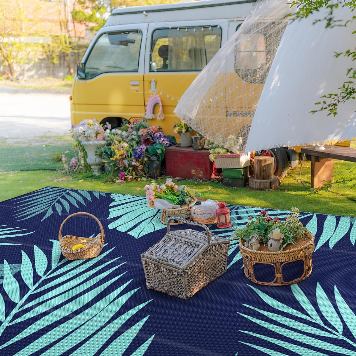 imageGENIMO Outdoor Rug 25 x 8 Waterproof for Patios Clearance Reversible Outdoor Plastic Straw Camping Rug Carpet Large Area Rugs Mats for RV Camper Deck Balcony Porch Beach BlackampBeigeNavy Blue Jade Green Waterproof