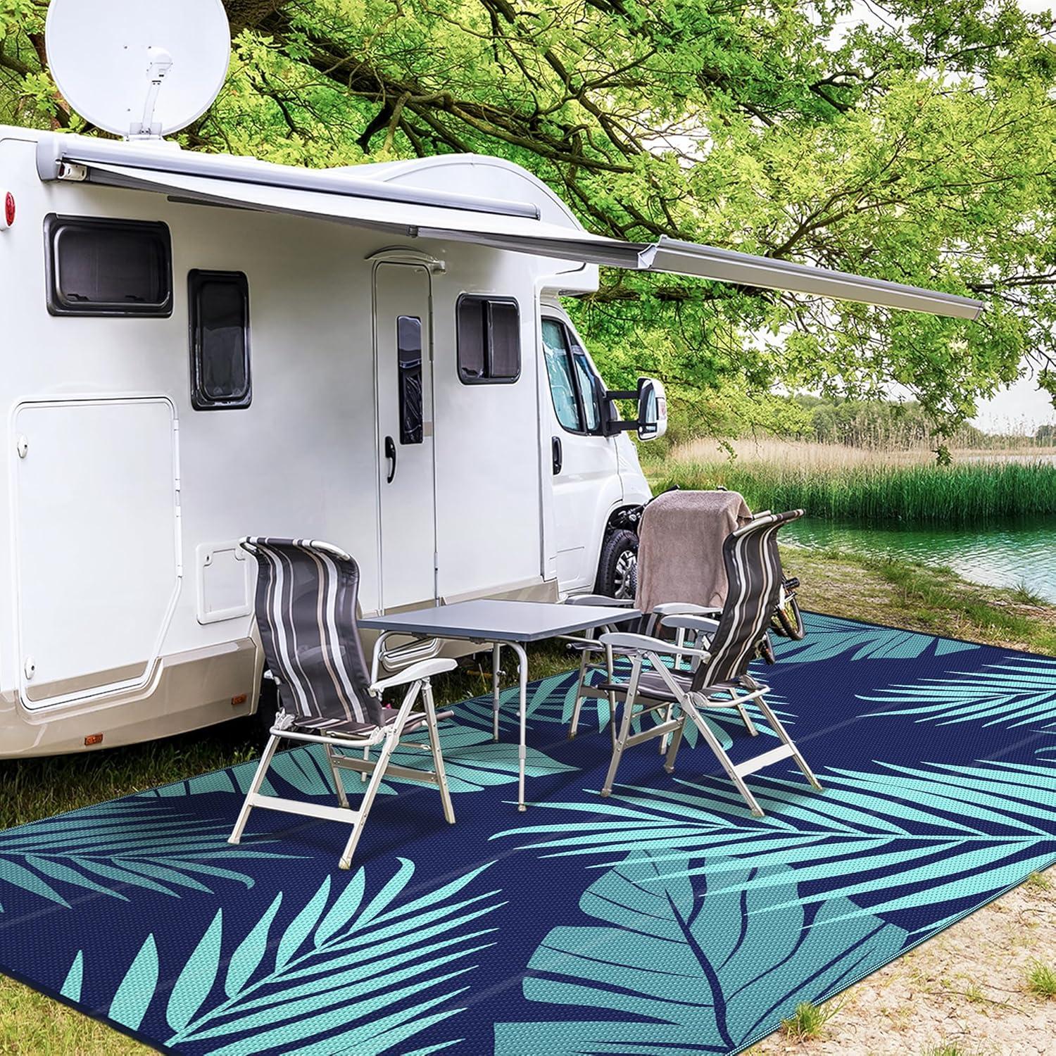 imageGENIMO Outdoor Rug 25 x 8 Waterproof for Patios Clearance Reversible Outdoor Plastic Straw Camping Rug Carpet Large Area Rugs Mats for RV Camper Deck Balcony Porch Beach BlackampBeigeNavy Blue Jade Green Waterproof