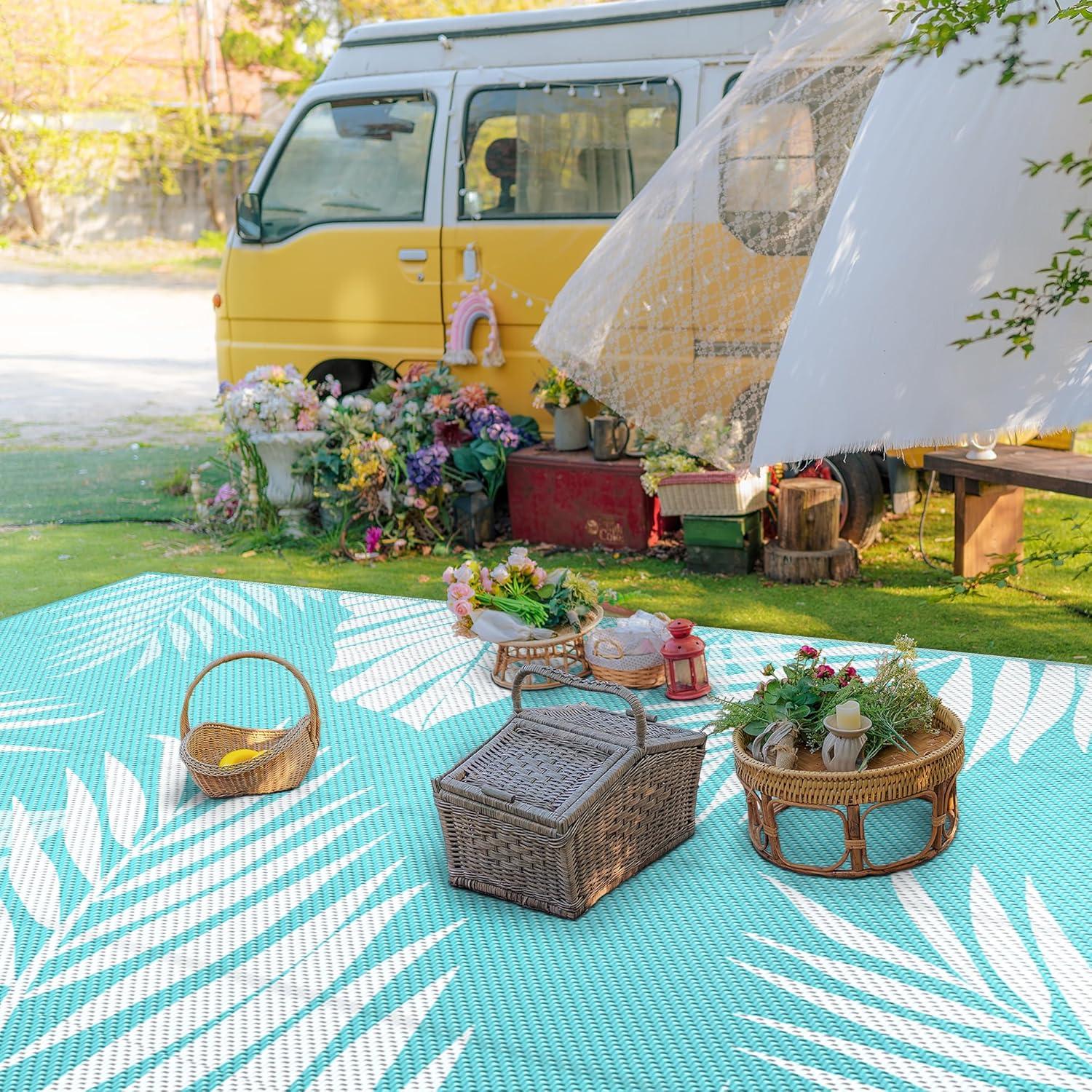 imageGENIMO Outdoor Rug 25 x 8 Waterproof for Patios Clearance Reversible Outdoor Plastic Straw Camping Rug Carpet Large Area Rugs Mats for RV Camper Deck Balcony Porch Beach BlackampBeigeAqua Blue White Waterproof
