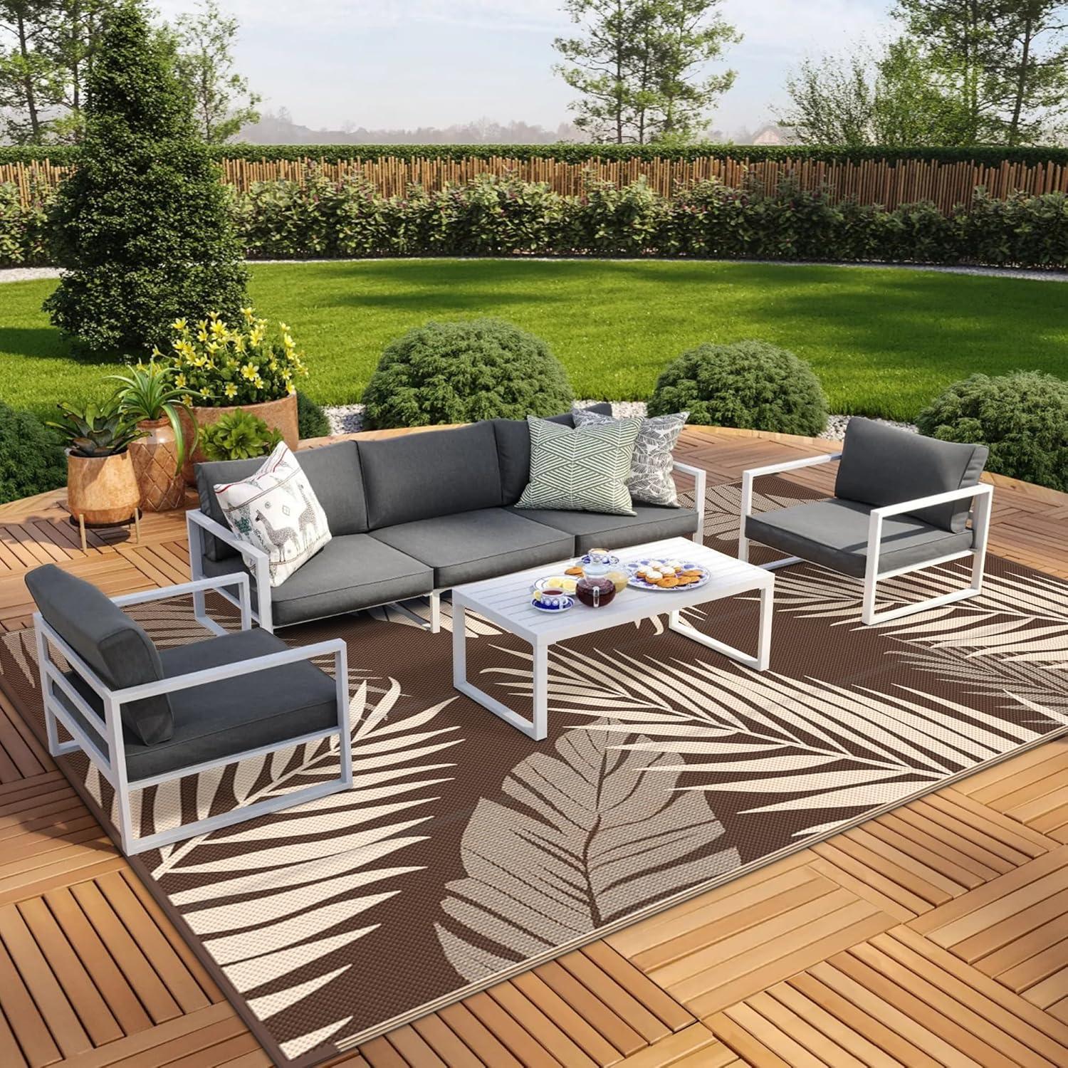 imageGENIMO Outdoor Rug 25 x 8 Waterproof for Patios Clearance Reversible Outdoor Plastic Straw Camping Rug Carpet Large Area Rugs Mats for RV Camper Deck Balcony Porch Beach BlackampBeigeCoffee Beige Waterproof