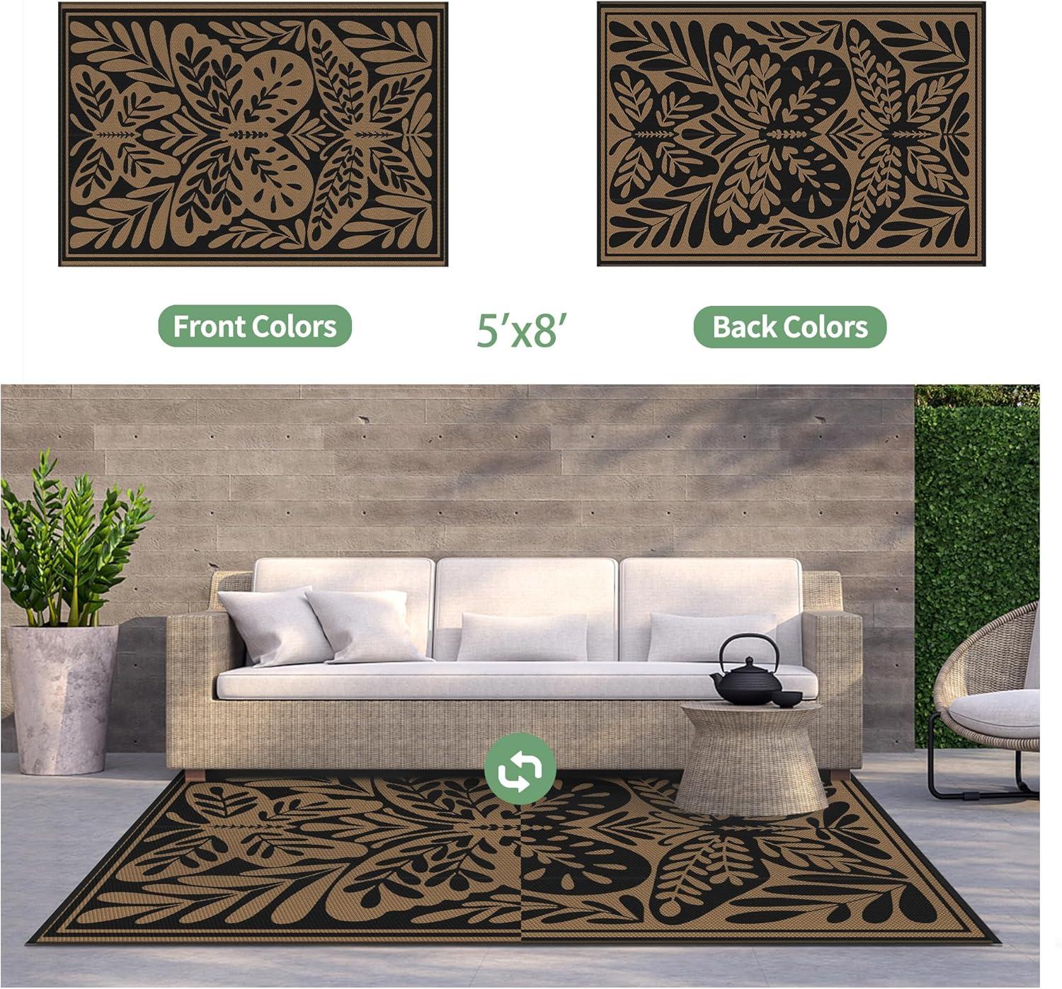imageGENIMO Outdoor Rug 25 x 8 Waterproof for Patios Clearance Reversible Outdoor Plastic Straw Camping Rug Carpet Large Area Rugs Mats for RV Camper Deck Balcony Porch Beach BlackampBeigeHblack Brown