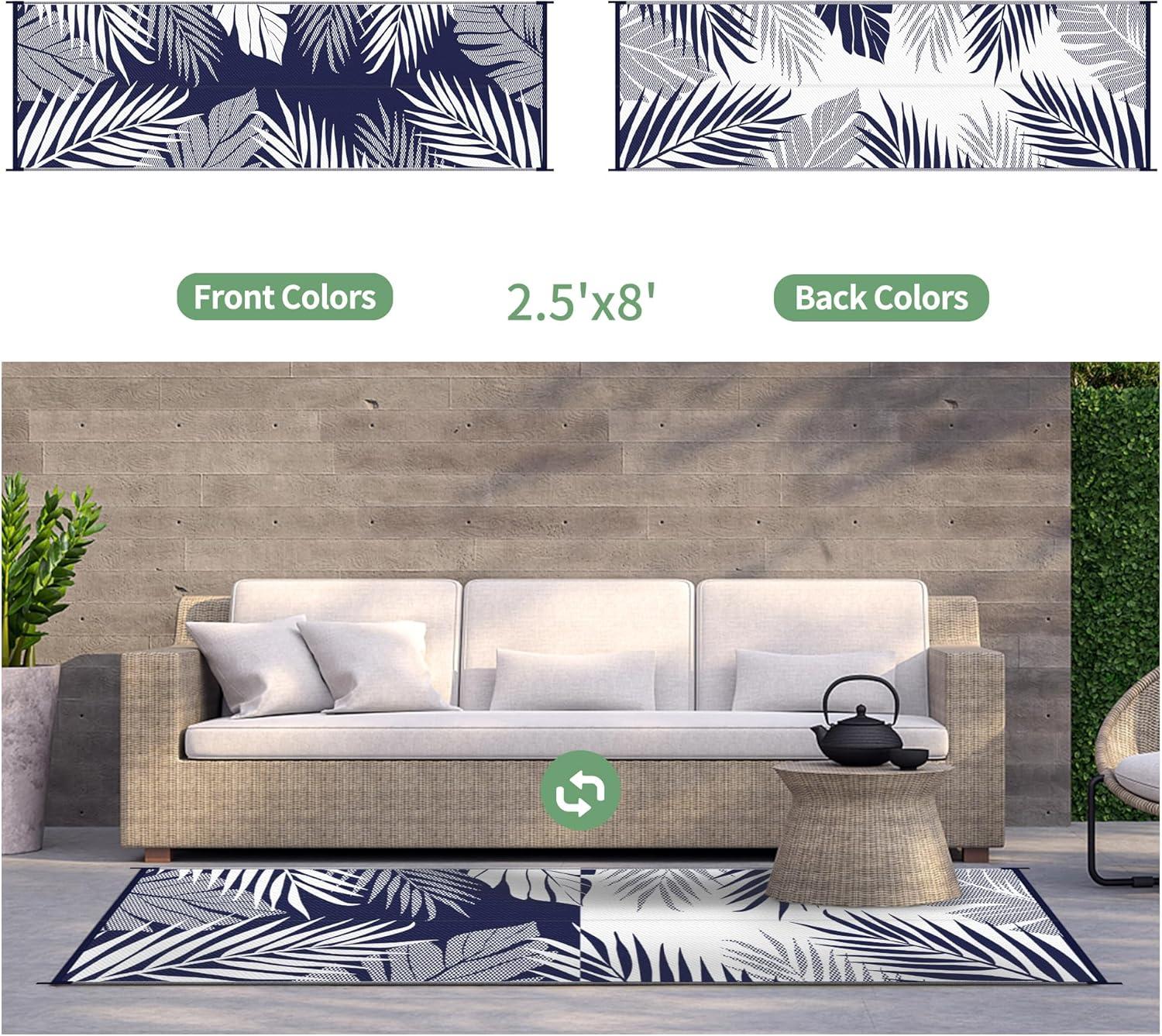 imageGENIMO Outdoor Rug 25 x 8 Waterproof for Patios Clearance Reversible Outdoor Plastic Straw Camping Rug Carpet Large Area Rugs Mats for RV Camper Deck Balcony Porch Beach BlackampBeigeNavy Blue White Waterproof